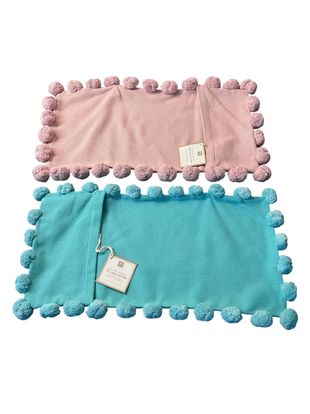 Pottery Barn Teen Set of 2 Pom-Pom Pillow Covers in Pink and Aqua NWT